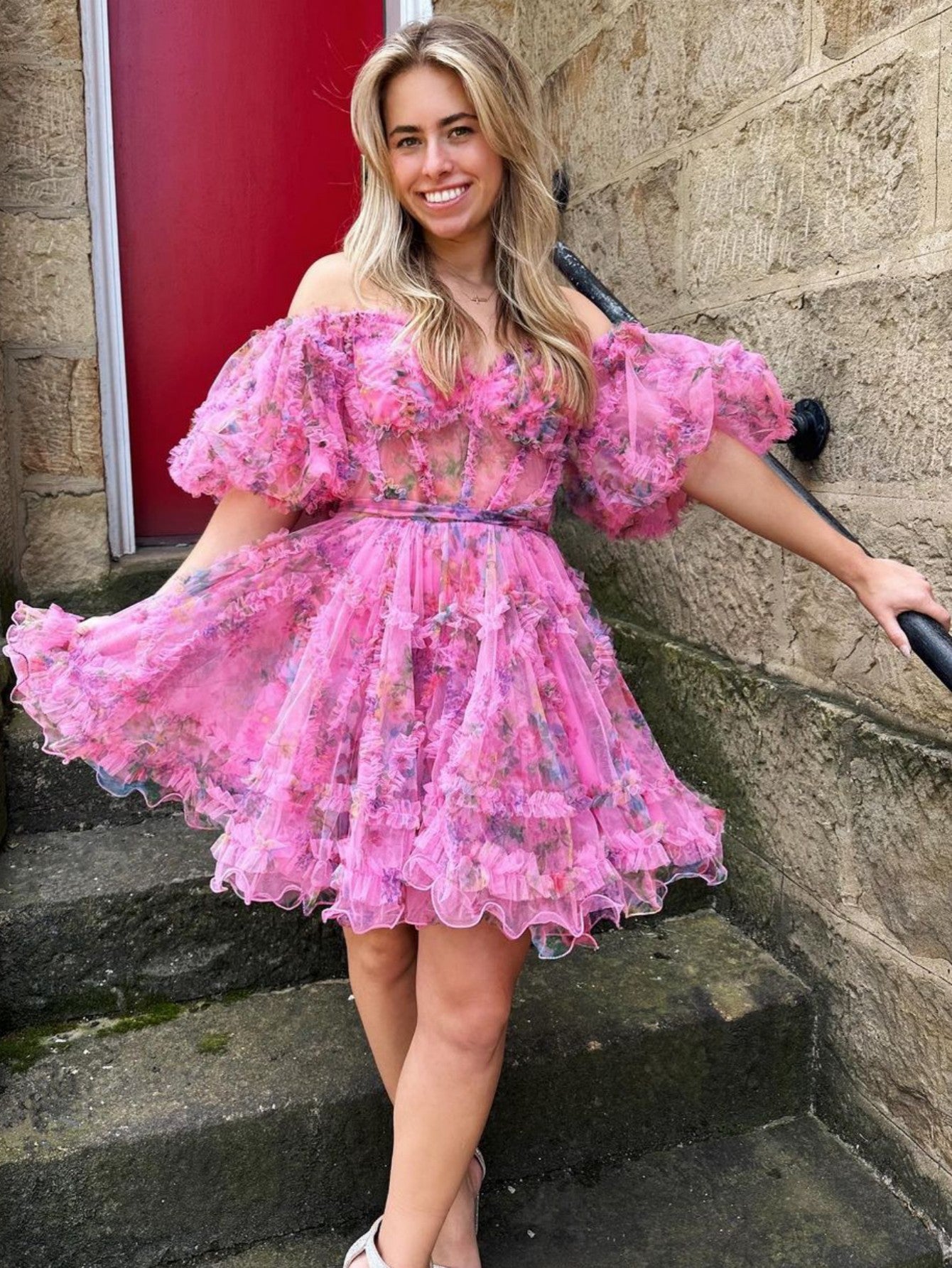 Delightful Pink A-Line Off-the-Shoulder Floral Printed Homecoming Dress BM bride