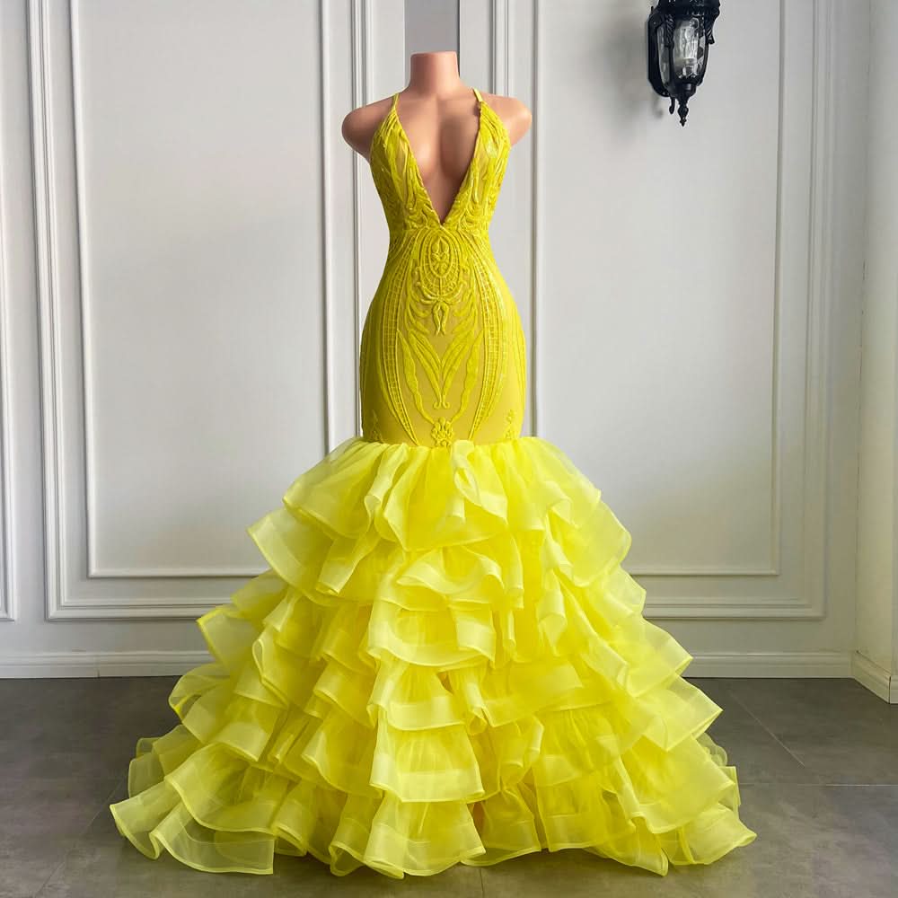 Bright Yellow V-Neck Halter Lace Mermaid Prom Dress with Ruffle BM bride