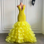 Halter Bright Yellow Deep V Sleeveless Neck Mermaid lace Prom Dress With Ruffle