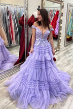 Romantic Princess A-Line Off-the-Shoulder Light Pink Long Prom Dress with Ruffles BM bride