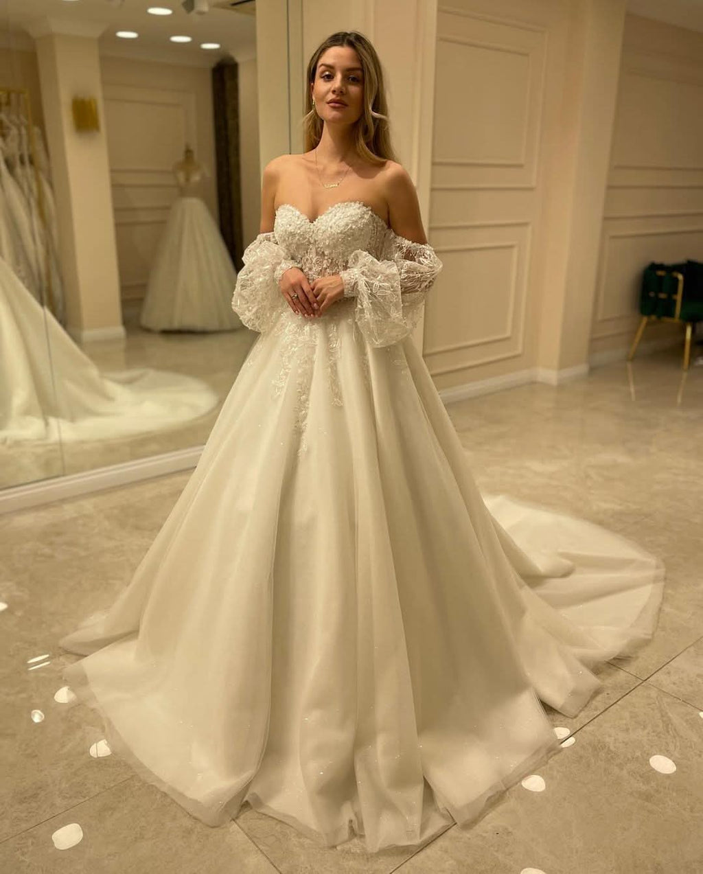 Sweetheart Long Sleeve Backless A-Line Train Wedding Dress with Lace Appliques BM bride