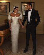 White Long Mermaid Wedding Dress with Sequins, Sleeveless with Beading BM bride