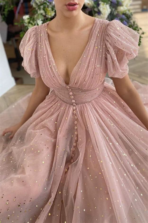 Elegant Taupe Pink V-Neck Short Sleeves Prom Dress with Sequins BM bride