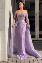 Lilac Off-the-Shoulder Long Sleeve Tulle Mermaid Prom Dress with Beads BM bride