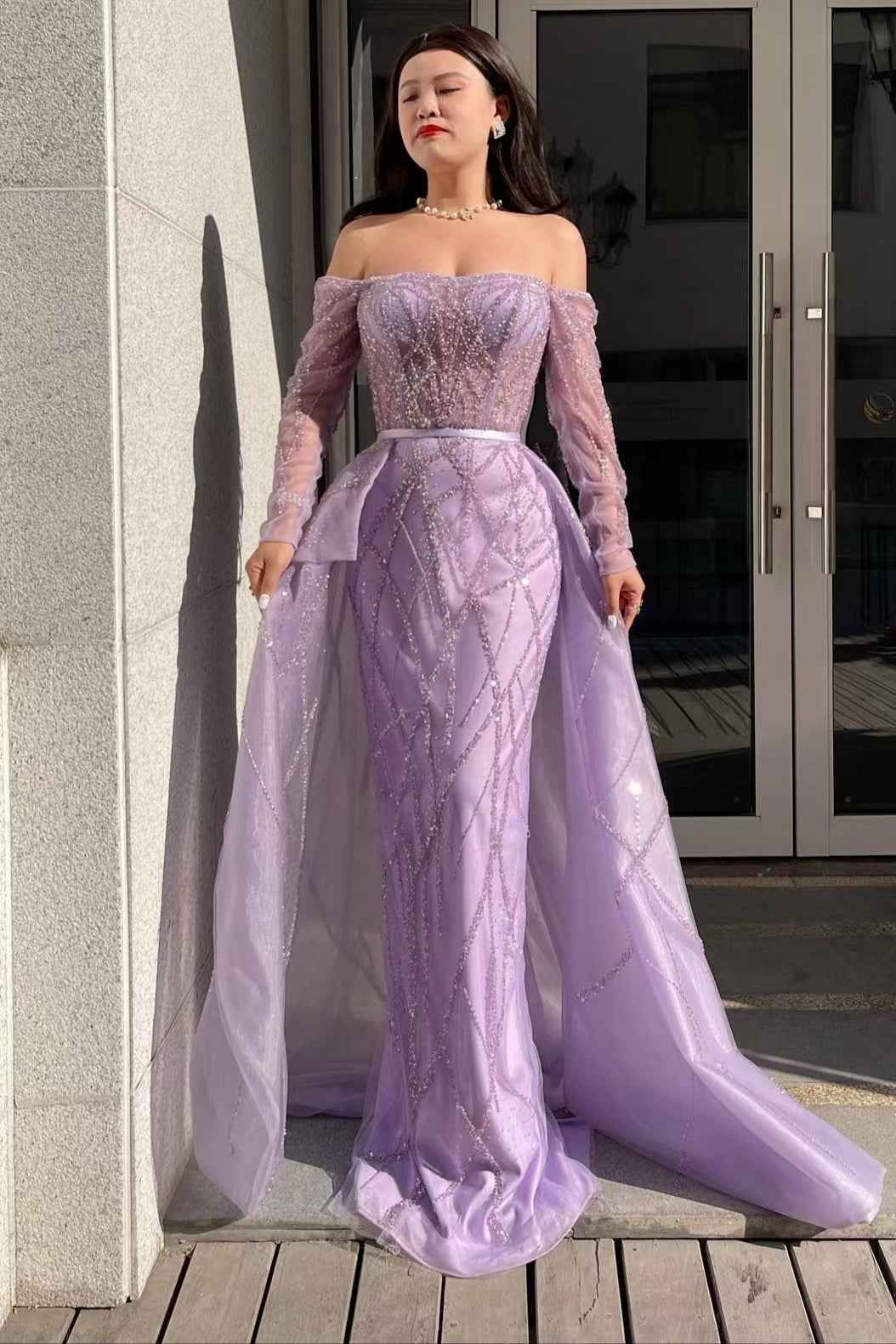 Lilac Off the Shoulder Long Sleeves Tulle Prom Dress Mermaid With Beading