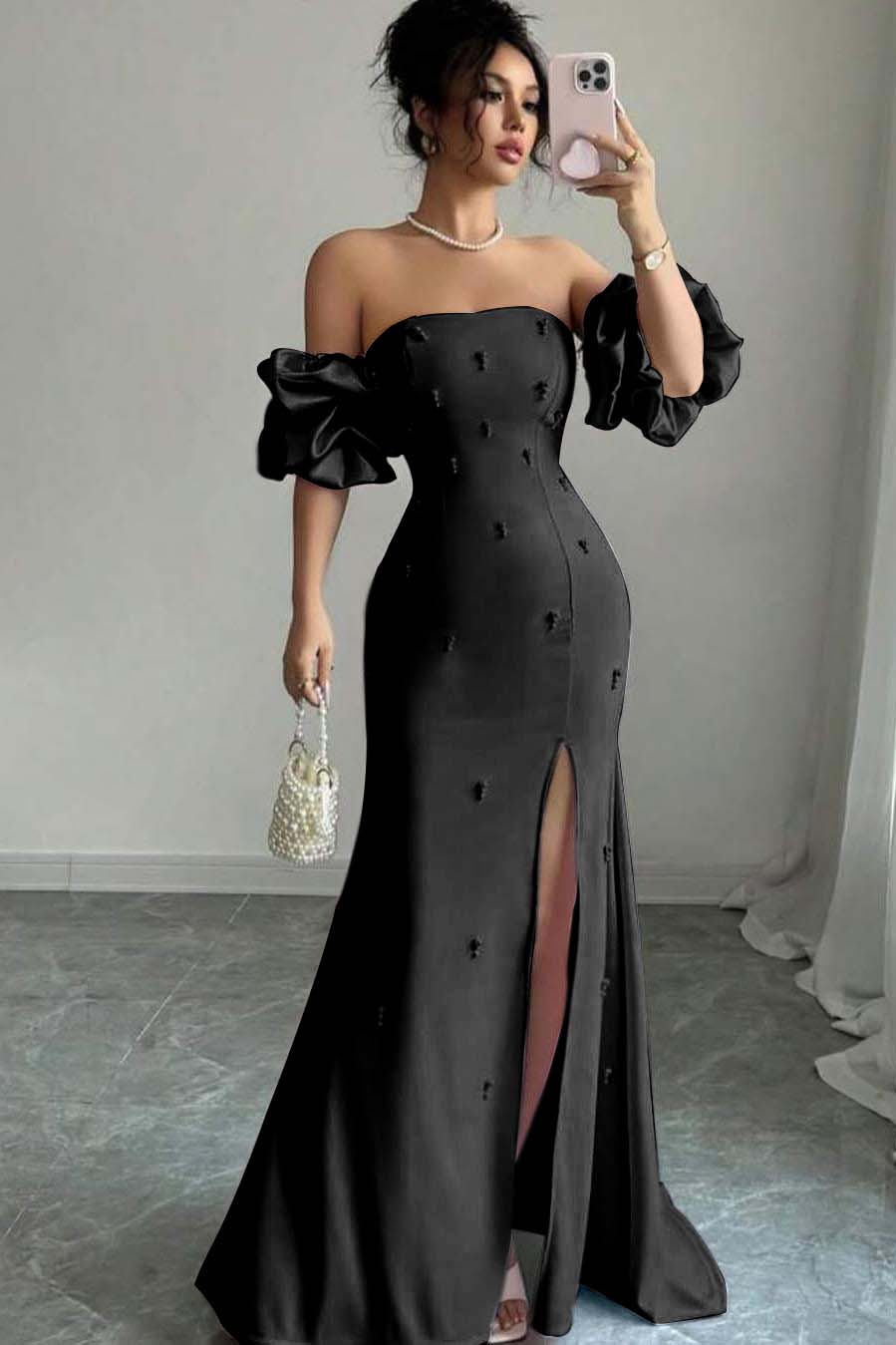 Strapless Bubble Sleeves Long Split Prom Dress With Beading BMBRIDE