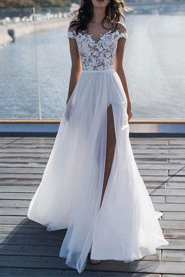 Short Sleeve Applique Wedding Dress with Split BM bride