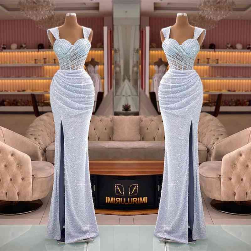 Straps Sweetheart Mermaid Sequin Split Evening Dress with Pleated Glamour BM bride