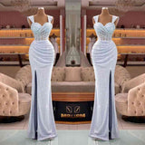 Straps Sweetheart Mermaid Sequin Split Evening Dress with Pleated Glamour BM bride