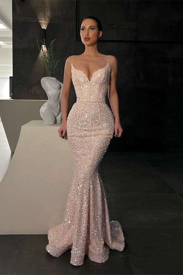 Sequins Long Mermaid Evening Dress with Spaghetti Straps BM bride