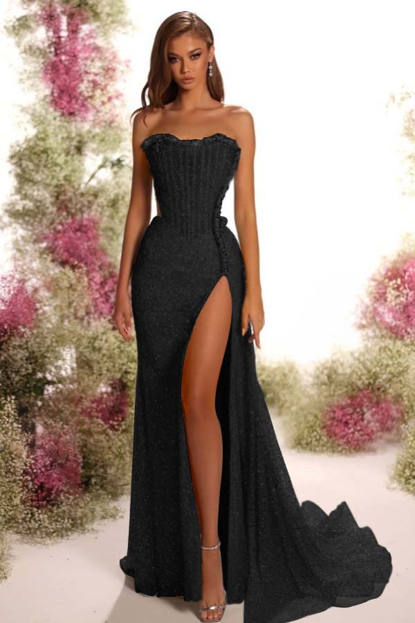 Strapless Sleeveless Long Split Prom Dress With Pleated Sequins BMBRIDE