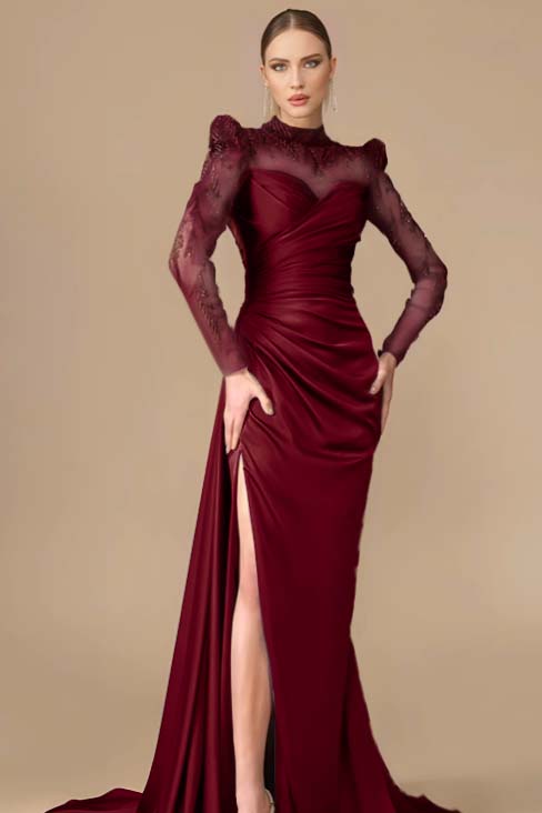 Long Sleeves Long Mermaid Prom Dress With Split Pleated Appliques BMBRIDE