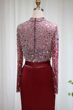 Red Jewel Neck Mermaid Prom Dress Long Sleeves With Sparkle Sequins