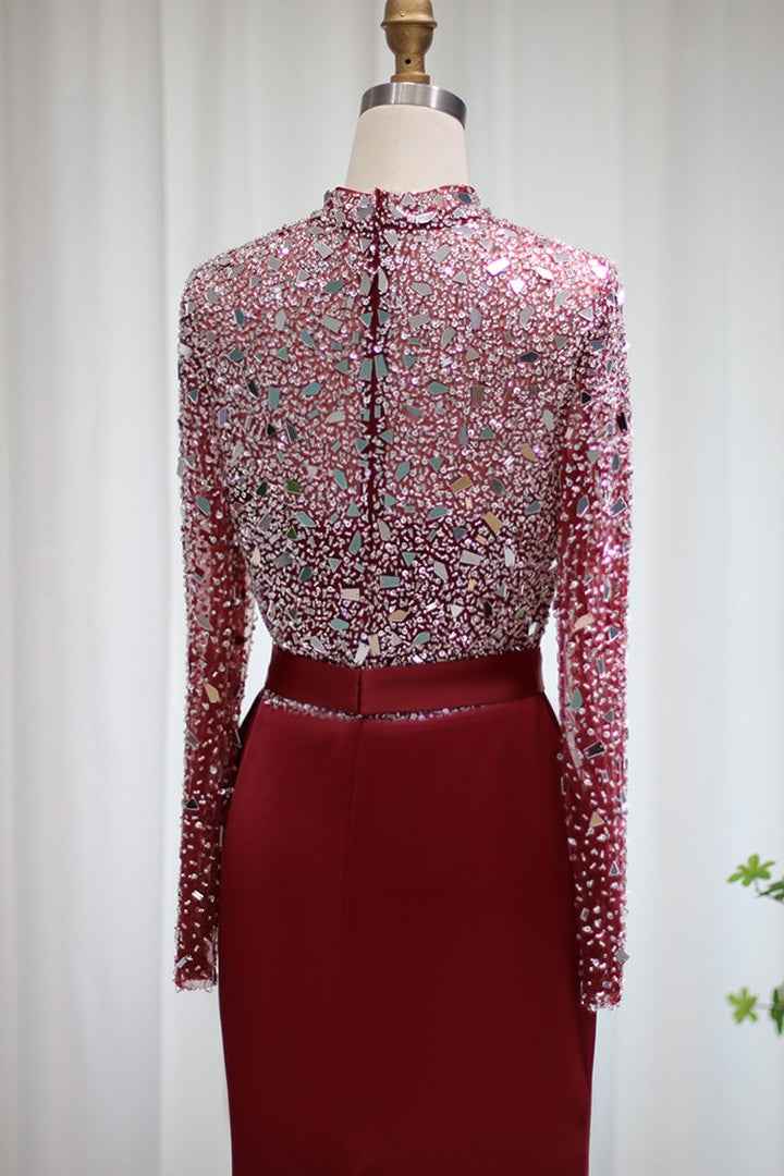 Red Jewel Neck Mermaid Prom Dress Long Sleeves With Sparkle Sequins