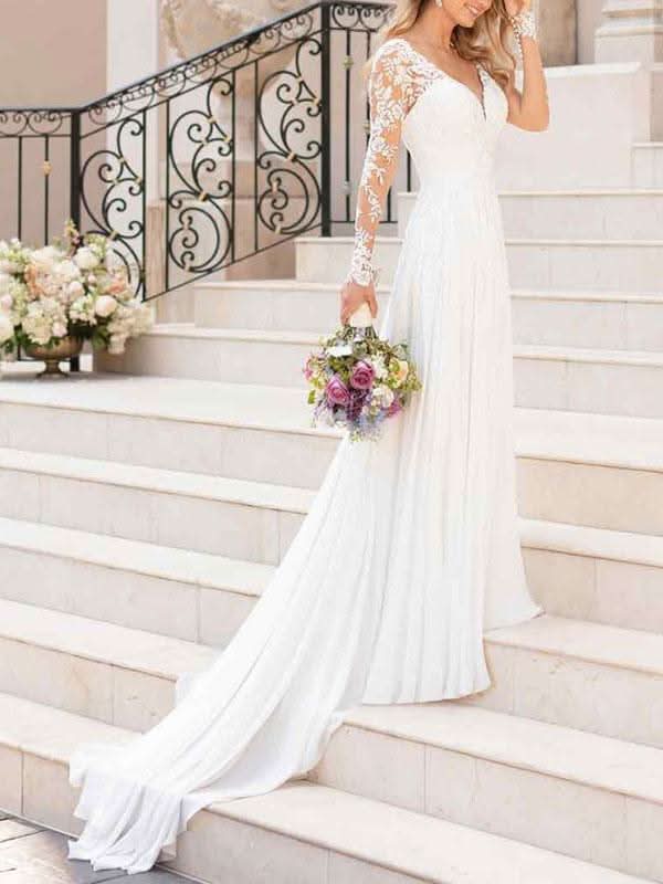 Long Sleeve Lace Tulle Wedding Dress BM bride
