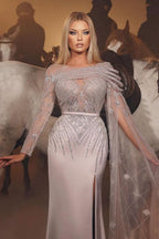 Heavy Prom Dress with Sequins, Belt, One Sleeve, Long Satin, Slit, and Tulle BM bride