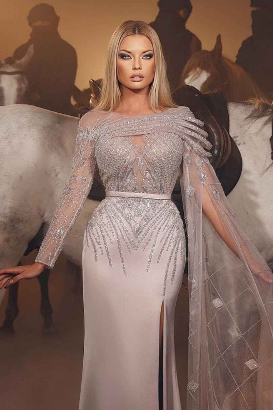 Heavy Prom Dress Sequins With Belt One Sleeve Long Satin Slit Tulle