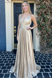 Stunning Plunging V-Neck Gold Pleated Long Prom Dress BM bride