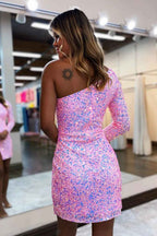Sparkly Pink Sequined One Shoulder One Sleeve Tight Short Homecoming Dress with Slit Bmbride