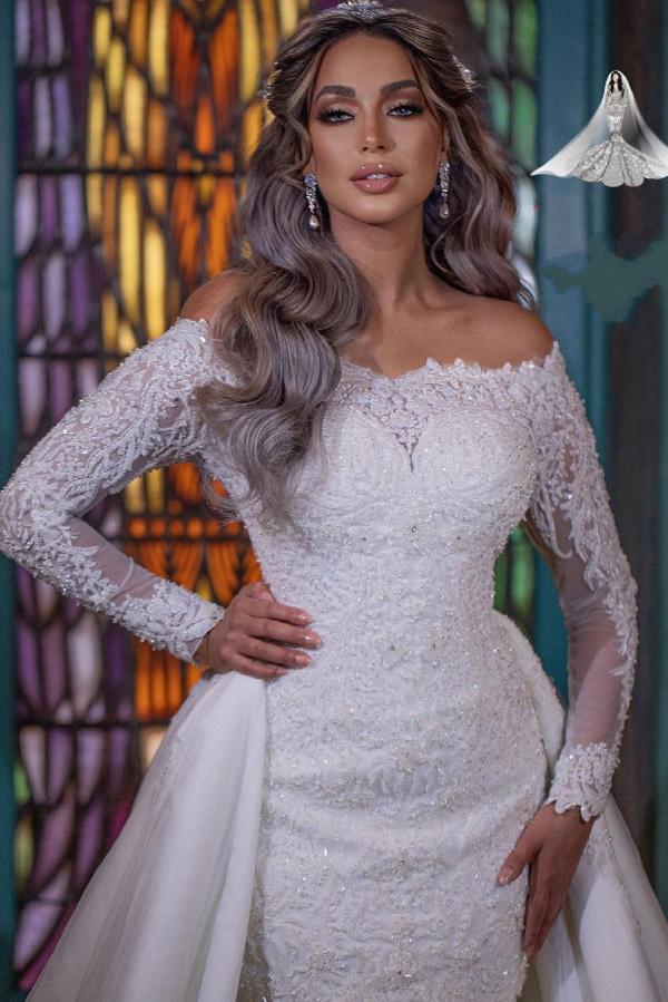 Long Mermaid Off-the-Shoulder Wedding Dress with Detachable Sleeves BM bride