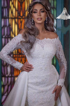 Long Mermaid Off-the-Shoulder Wedding Dress with Detachable Sleeves BM bride