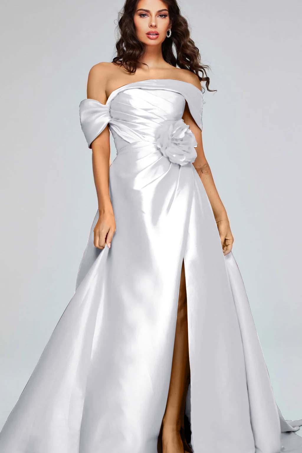 Off the Shoulder Sleeveless Long Split Prom Dress With Pleated BMBRIDE
