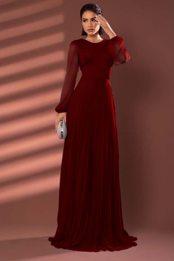 Chiffon Jewel Neck Long Sleeves Long Prom Dress With Pleated BMBRIDE
