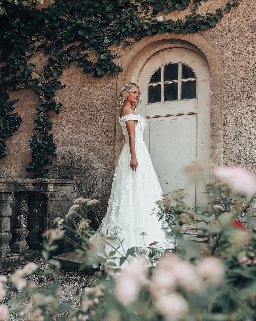 Long A-Line Off-the-Shoulder Wedding Dress with 3D Floral Lace Appliques BM bride