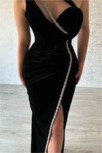 Chic Black Velvet One Shoulder Sleeveless Long Split Prom Dress With Pleated