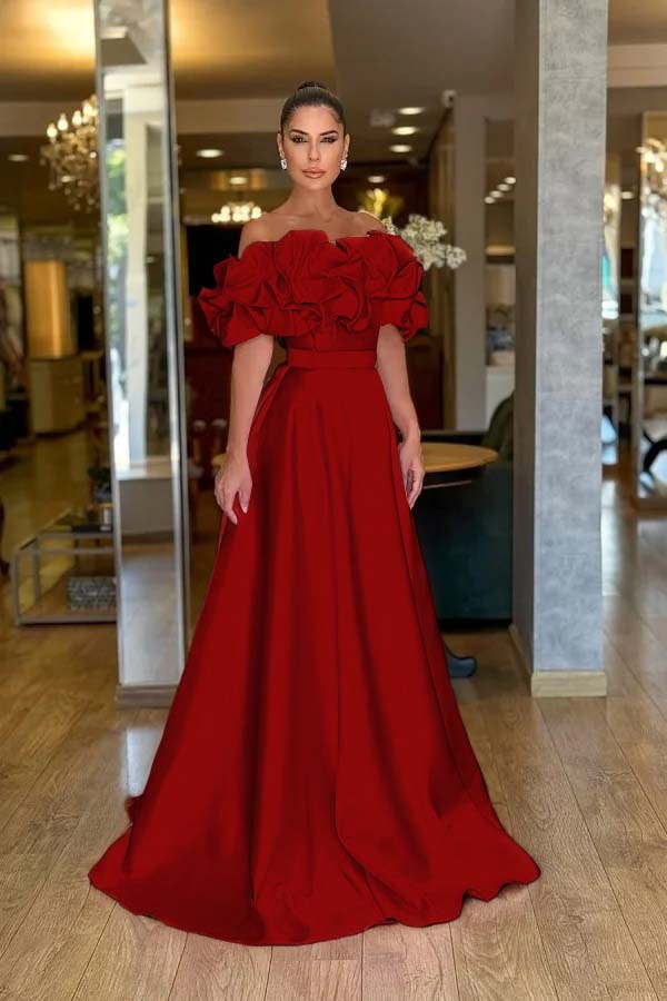 Off the Shoulder Sleeveless A Line Long Prom Dress With Pleated BMBRIDE