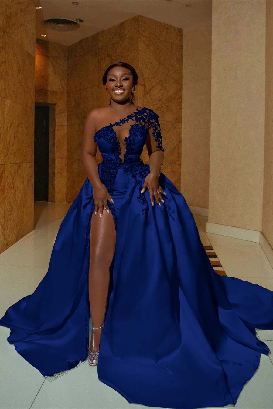 One Shoulder Sleeveless Long Split Prom Dress With Appliques BMBRIDE