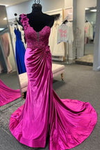 Striking Red One-Shoulder 3D Floral Lace Pleated Long Gown with Slit BM bride