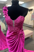 Striking Red One-Shoulder 3D Floral Lace Pleated Long Gown with Slit BM bride