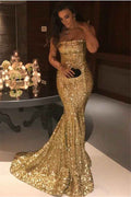 Strapless Sequins Sleeveless Strapless Mermaid Prom Dress With Pleated
