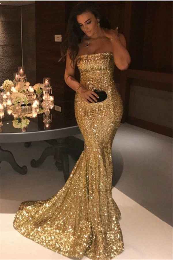 Strapless Sequins Sleeveless Strapless Mermaid Prom Dress With Pleated