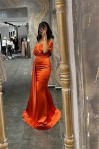 Orange Sweetheart Off the Shoulder Mermaid  Prom Dress With Ruffles