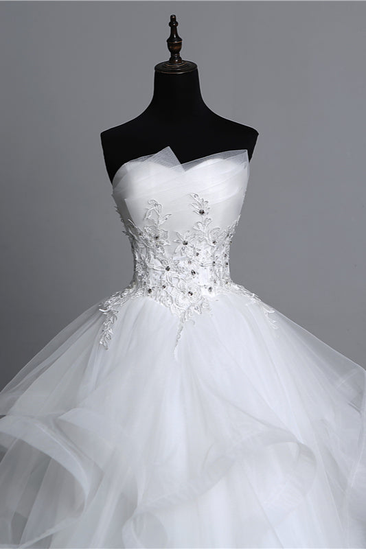 Long Ball Gown Strapless Tulle Layered Wedding Dress with Beaded Appliques BM bride