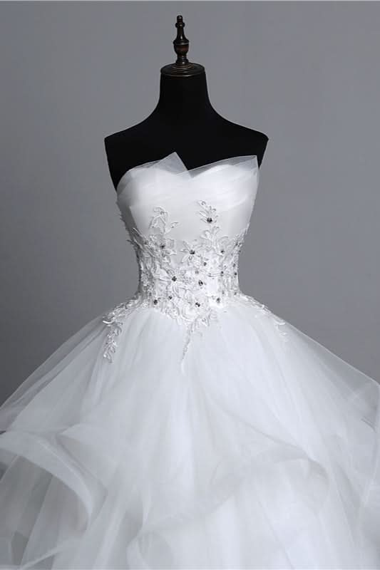 Long Ball Gown Strapless Tulle Layered Wedding Dress with Beaded Appliques BM bride