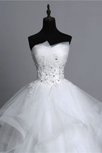 Long Ball Gown Strapless Tulle Layered Wedding Dress with Beaded Appliques BM bride