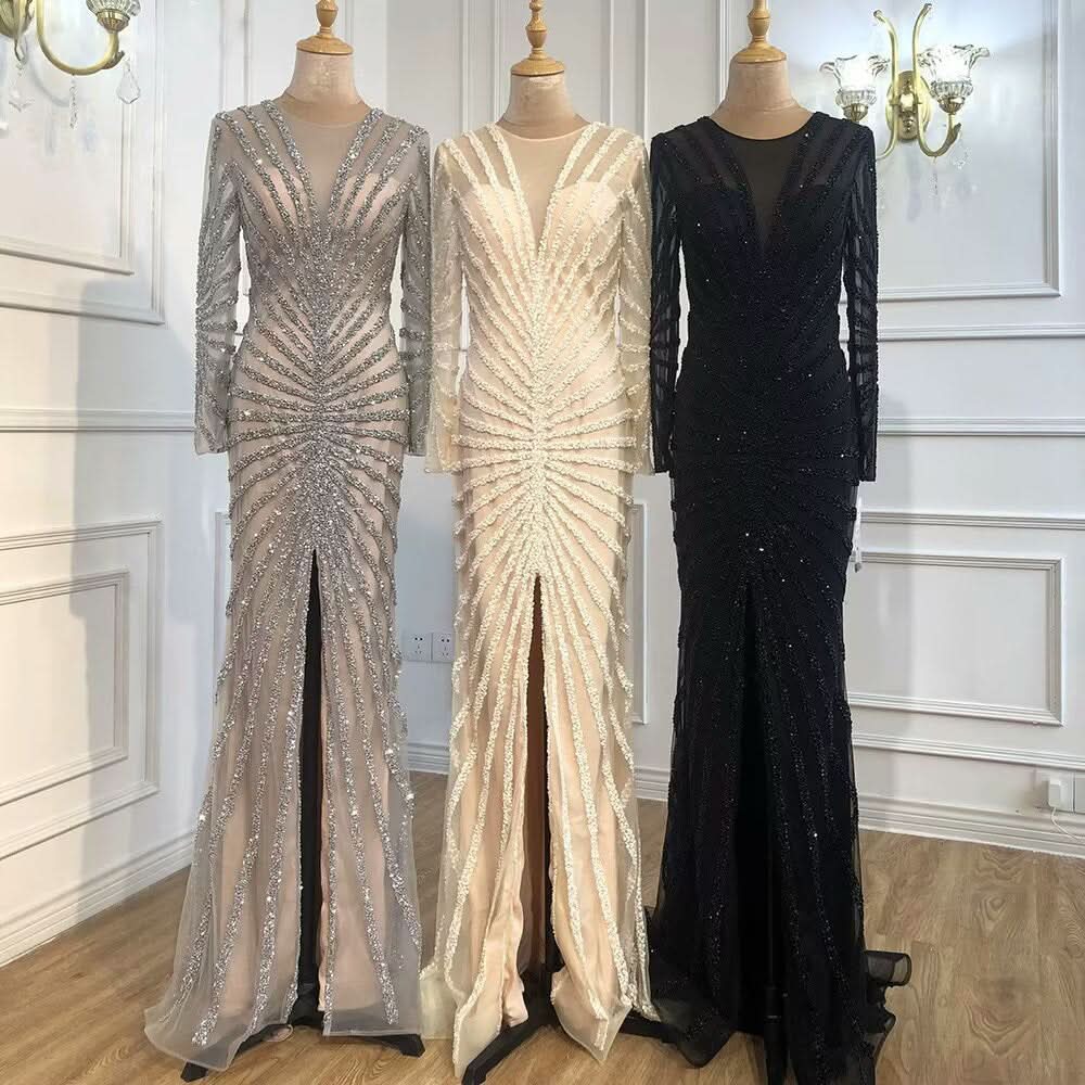 Sexy Black Sequin Prom Dress, Long Sleeve V-Neck High Slit Mermaid BM bride