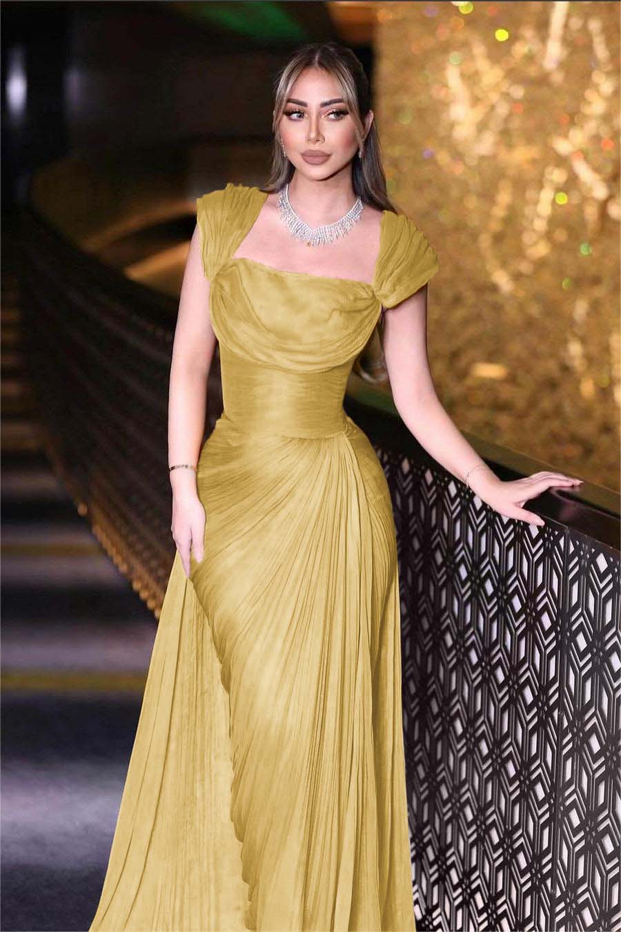Daffodils Square Neck Sleeveless High Waist Long Pleated Prom Dress With Split BMBRIDE