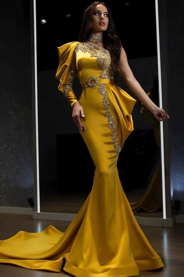 Yellow Halter One-Shoulder Mermaid Long Sleeve Evening Dress with Beading BM bride