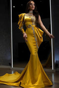 Yellow Halter One-Shoulder Mermaid Long Sleeve Evening Dress with Beading BM bride