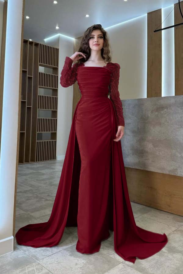 Long Sleeves Square Neck Long Mermaid Prom Dress With Pleated BMBRIDE