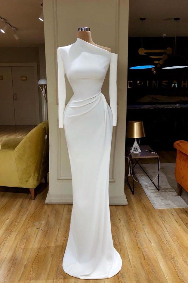 Charming White One Shoulder Mermaid Long Sleeves Prom Dress With Pleated BMBRIDE