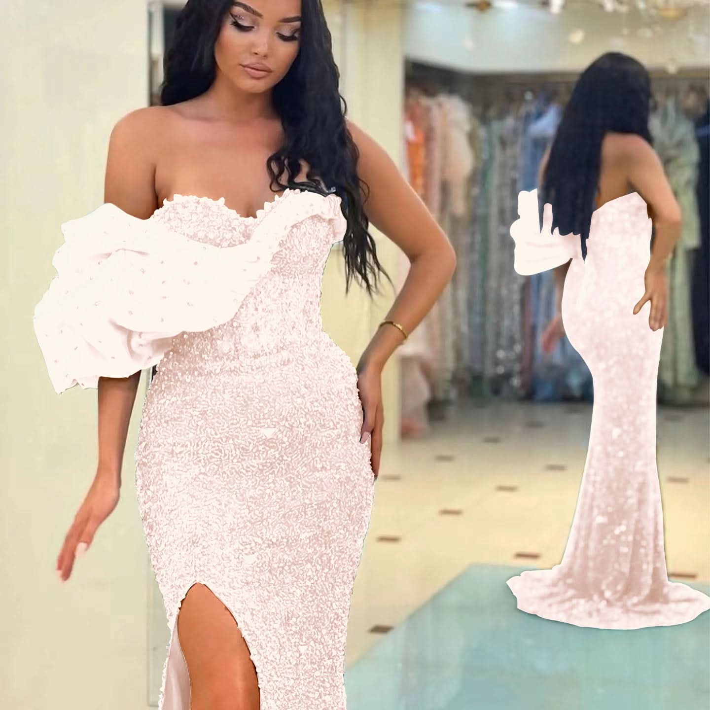 Gorgeous Off-The-Shoulder One Shoulder Sweetheart Mermaid Evening Dress with Sequins BM bride