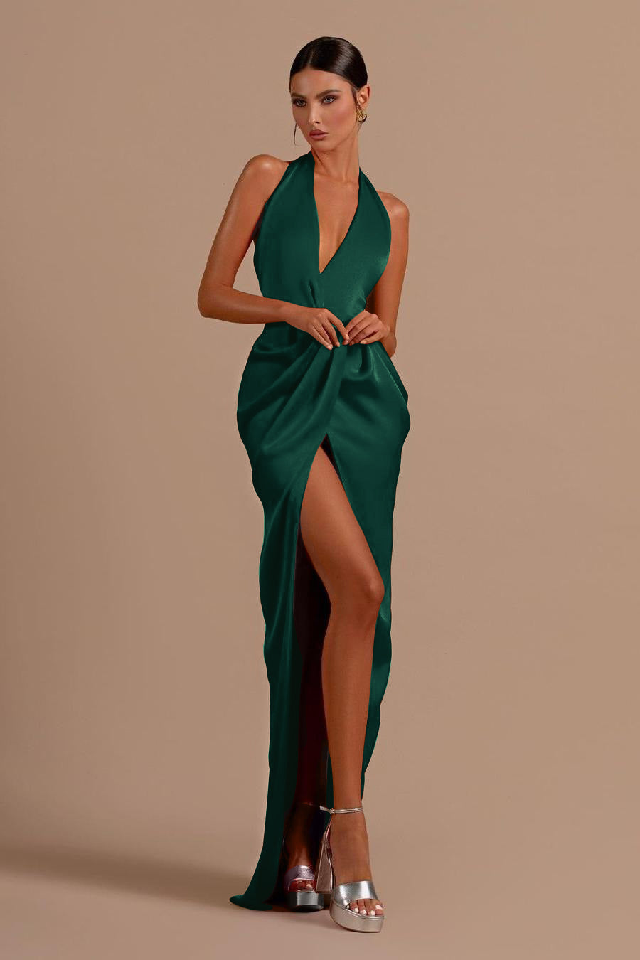 Red Halter Sleeveless Backless Long Prom Dress With Front Split BMBRIDE
