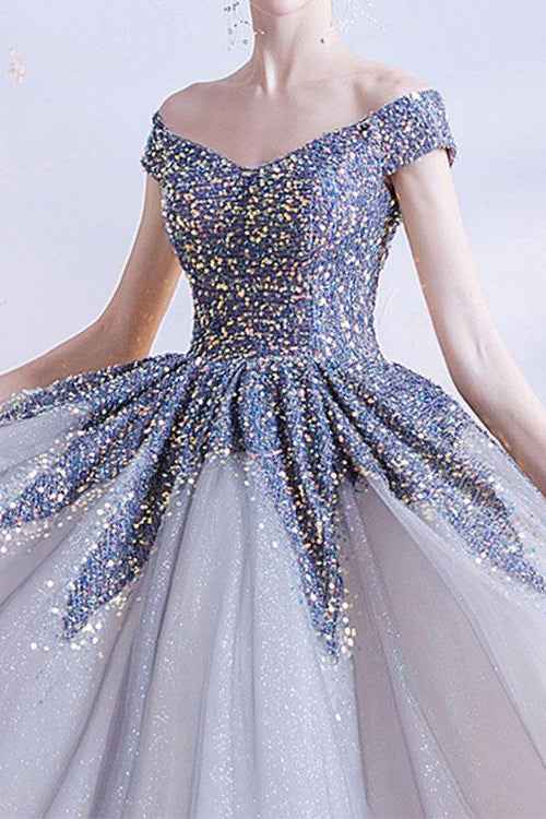 Gorgeous Off the Shoulder Long Ball Grown Prom Dress With Sweetheart Sequins