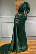 Mermaid Dark Green One Shoulder Long Sleeve Long Prom Dress With Beadings