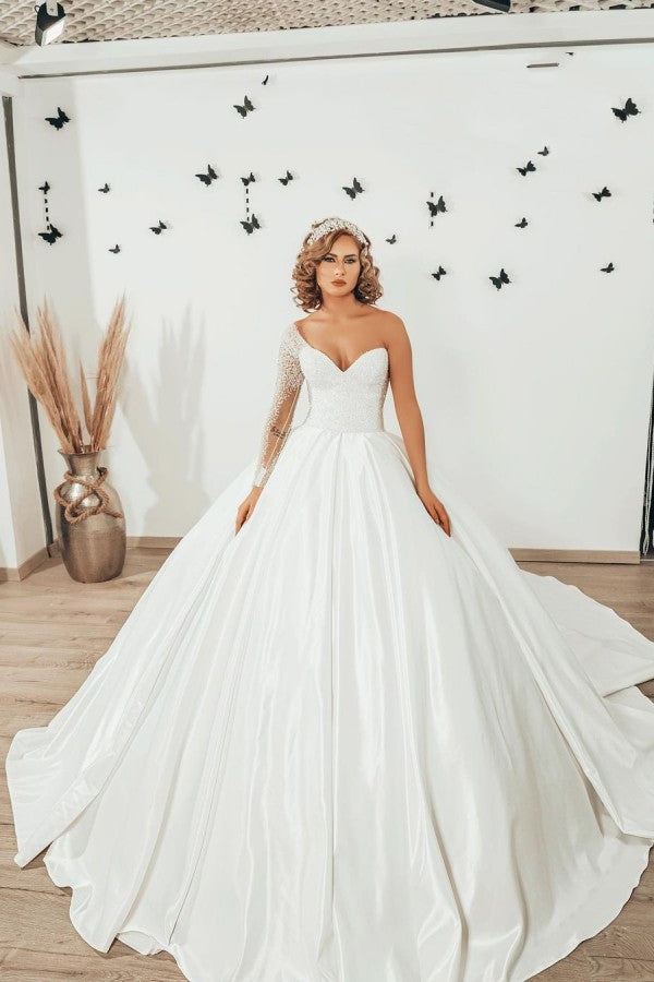 Sweetheart Pearl Floor-Length Ruffle Ball Gown Wedding Dress with Long Sleeves BM bride